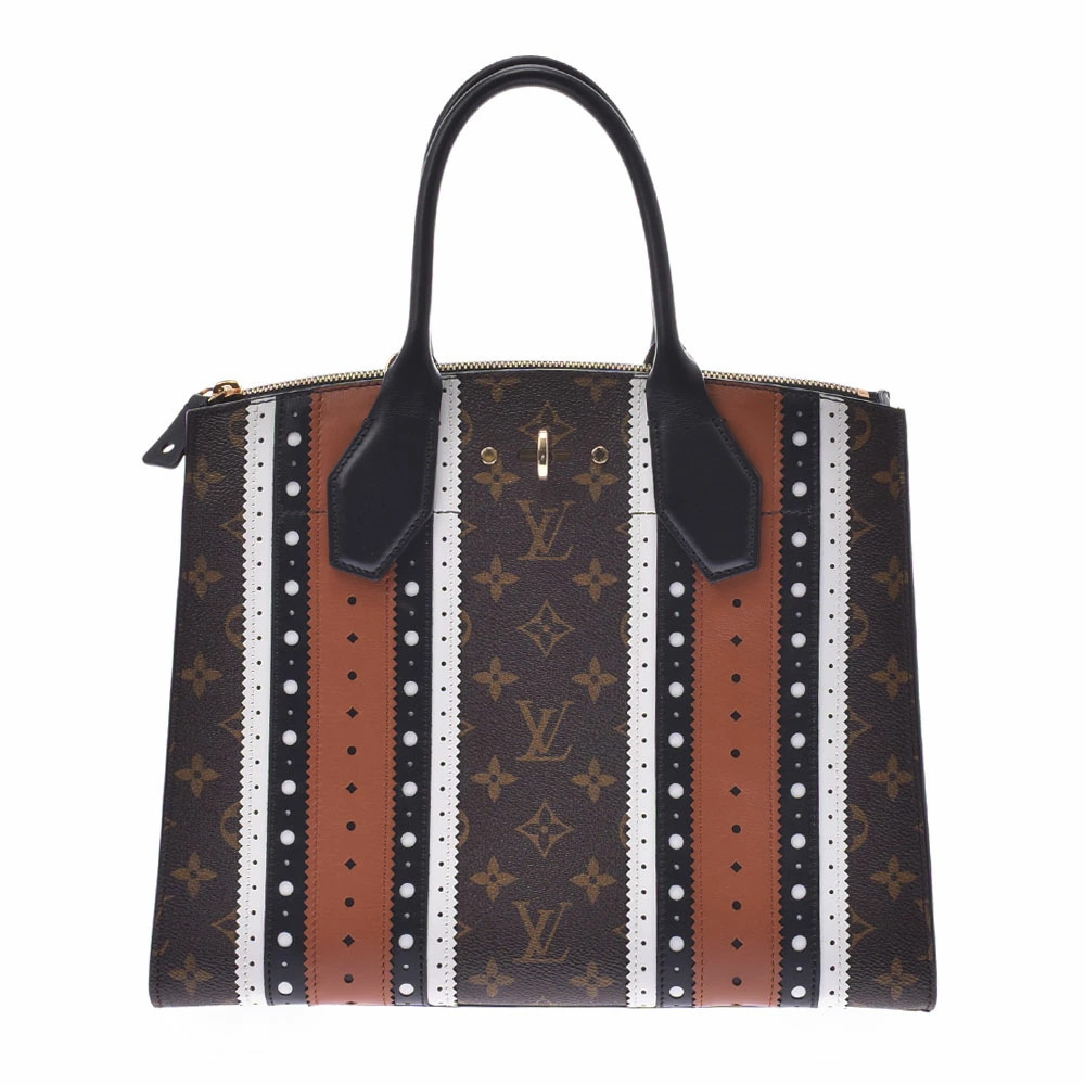 LOUIS VUITTON Monogram City Steamer Brown Black White Canvas Leather Handbag